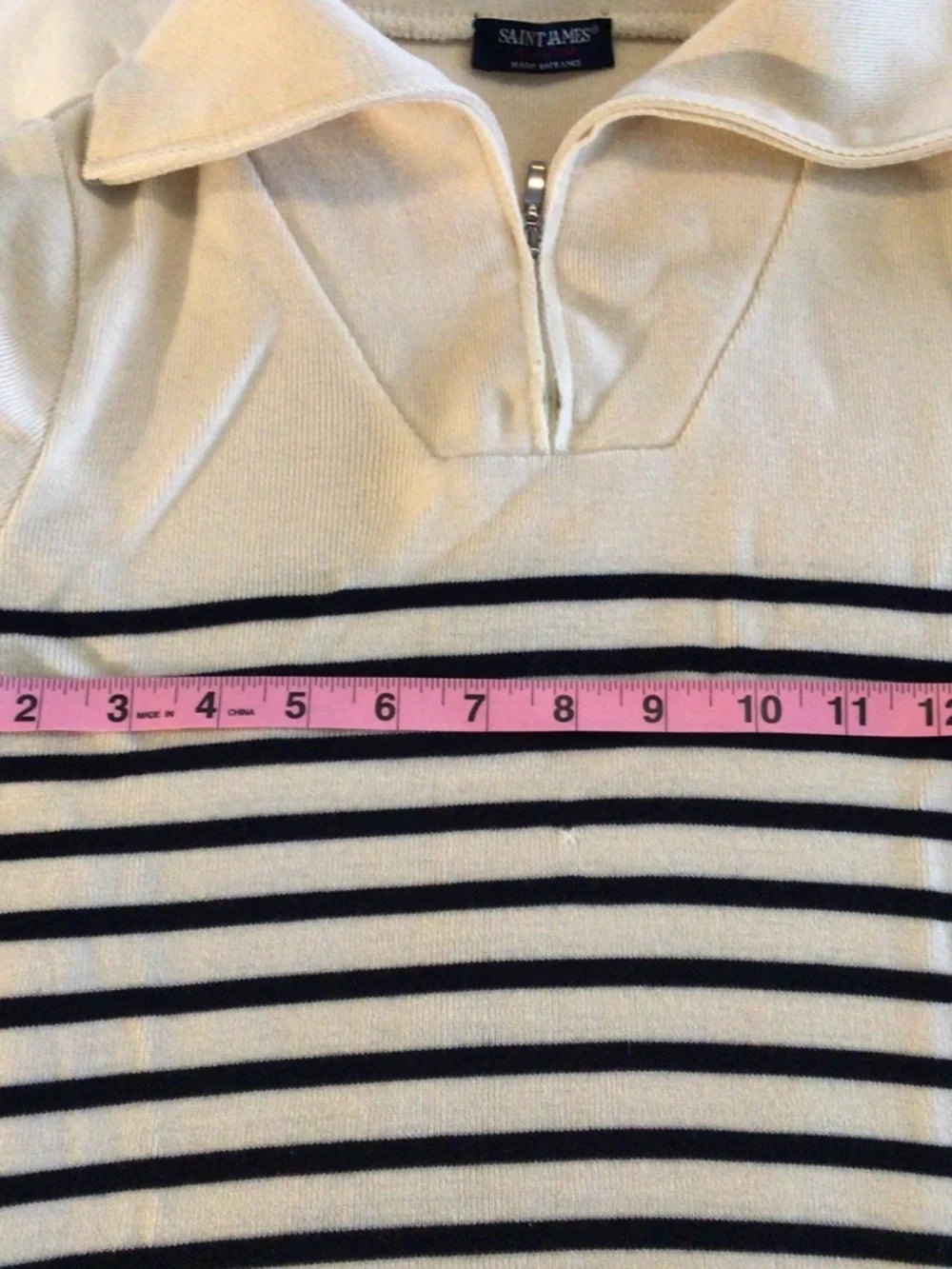Saint James - Pure wool striped navy blue and cream quarter-zip sweater size 38 - Picture 14 of 16